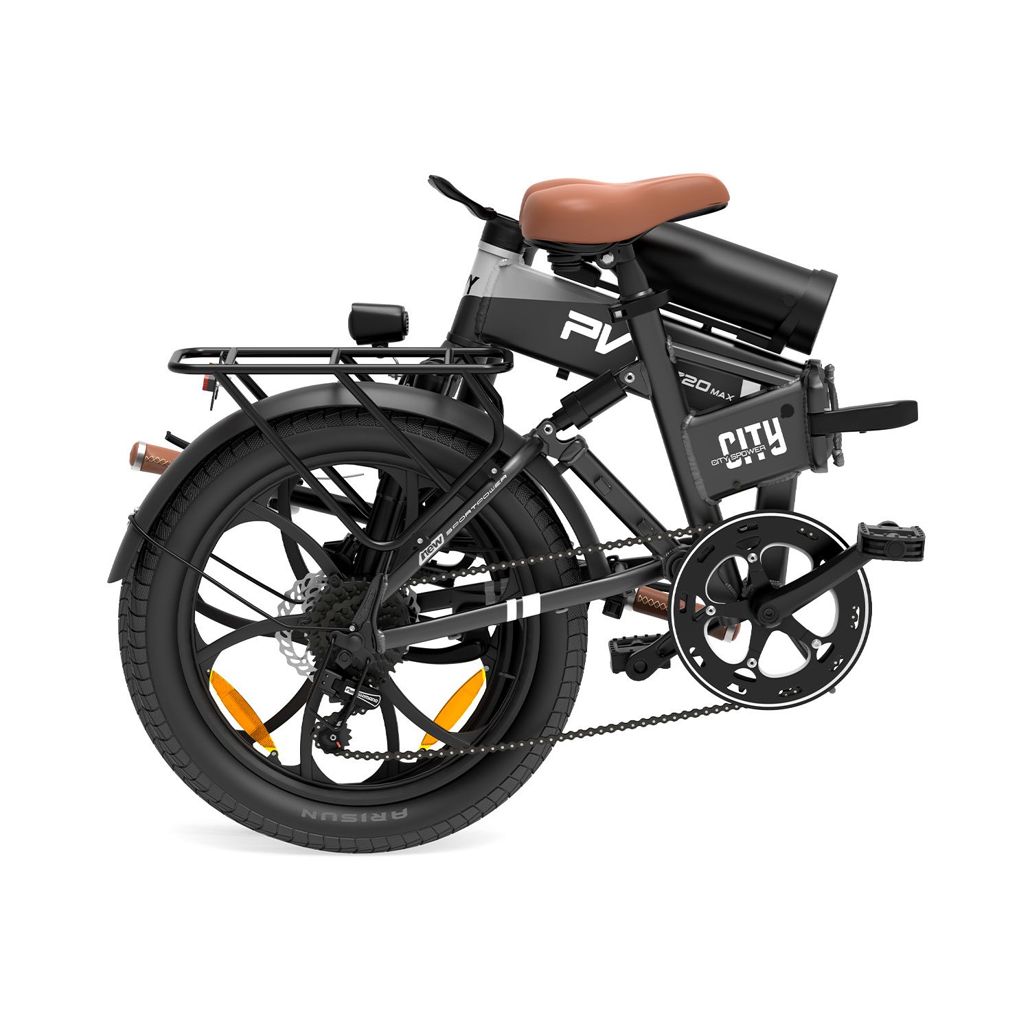 Gefaltetes schwarzes E-Bike mit braunem Sattel. PVY Z20 MAX Schriftzug.