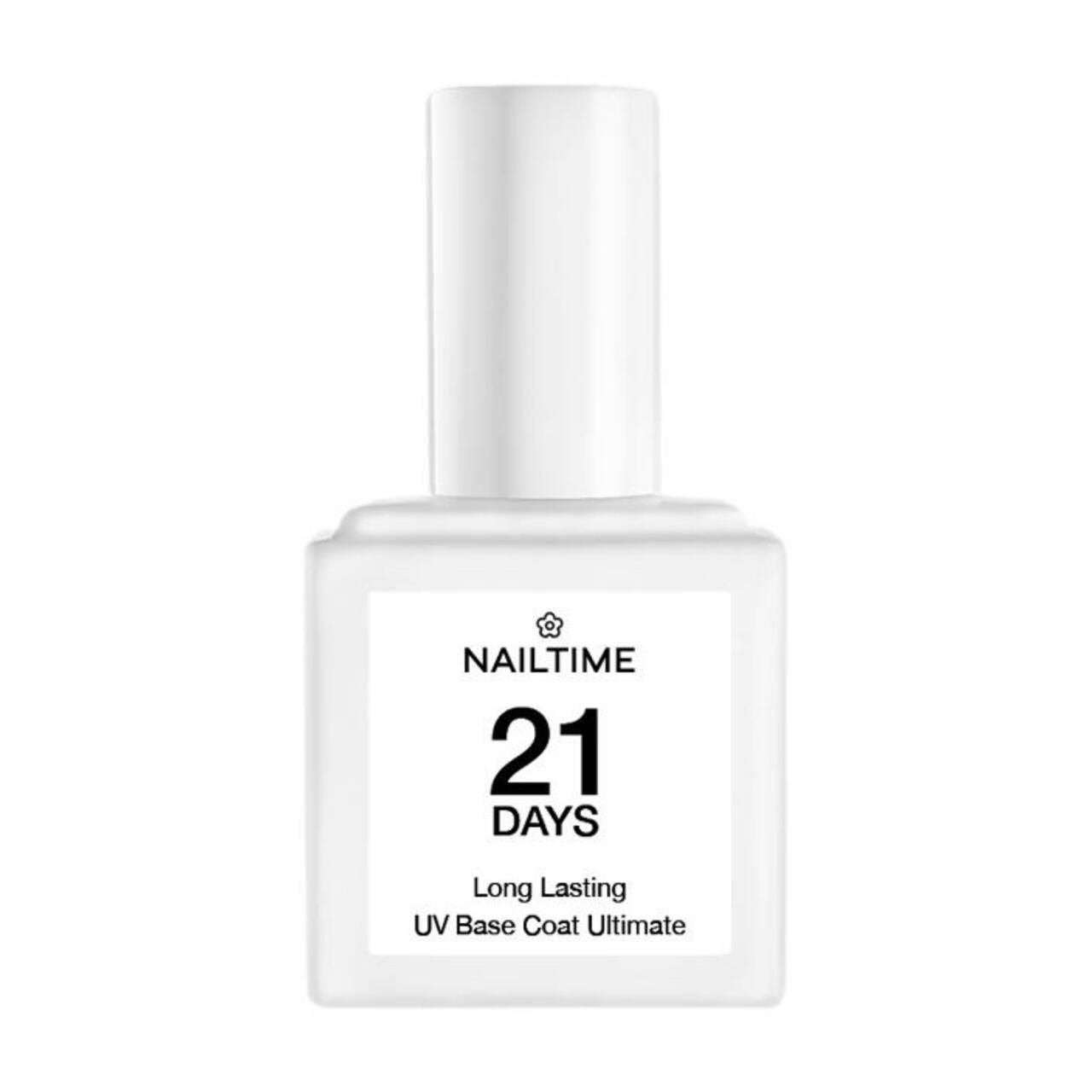 Weiße Flasche mit "Nailtime"-Etikett. "21 DAYS" und "UV Base Coat Ultimate" Text. Deckel oben.