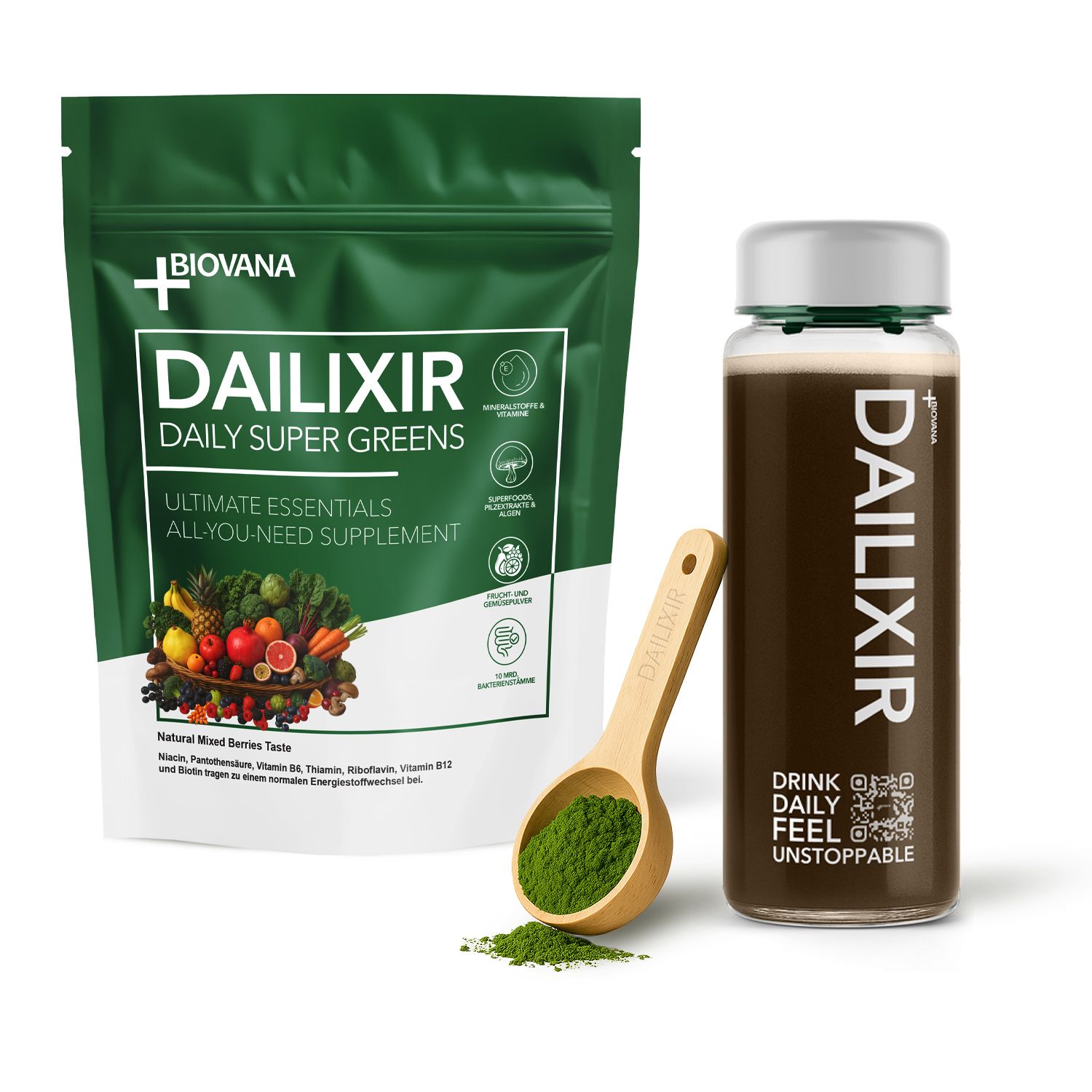 Grüne Beutel und Flasche mit 'DAILIXIR' Aufschrift, Holzlöffel mit grünem Pulver. Flasche mit Deckel.
