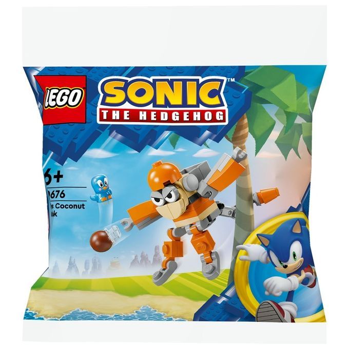 Confezione LEGO con il titolo "LEGO Sonic the Hedgehog: Attacco con le noci di cocco di Kiki". La confezione mostra un personaggio arancione, un uccello blu e Sonic the Hedgehog. Il set è adatto a bambini dai 6 anni in su.