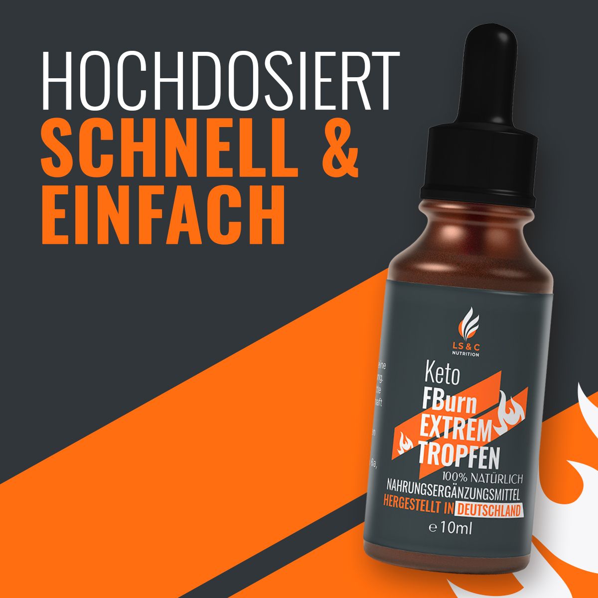 Produktflasche mit schwarzem Deckel und Pipette. Text: Hochdosiert, schnell & einfach. Orangefarbener Hintergrund.