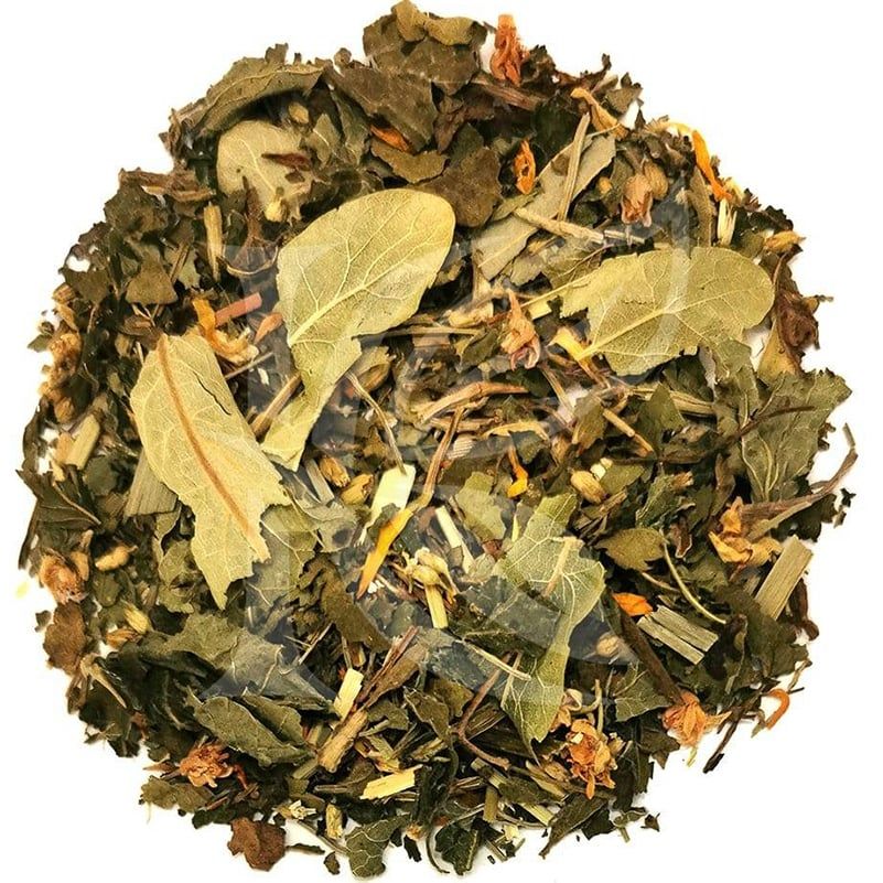 Nahaufnahme von losem Kräutertee. Blätter, Blüten und Kräuter.