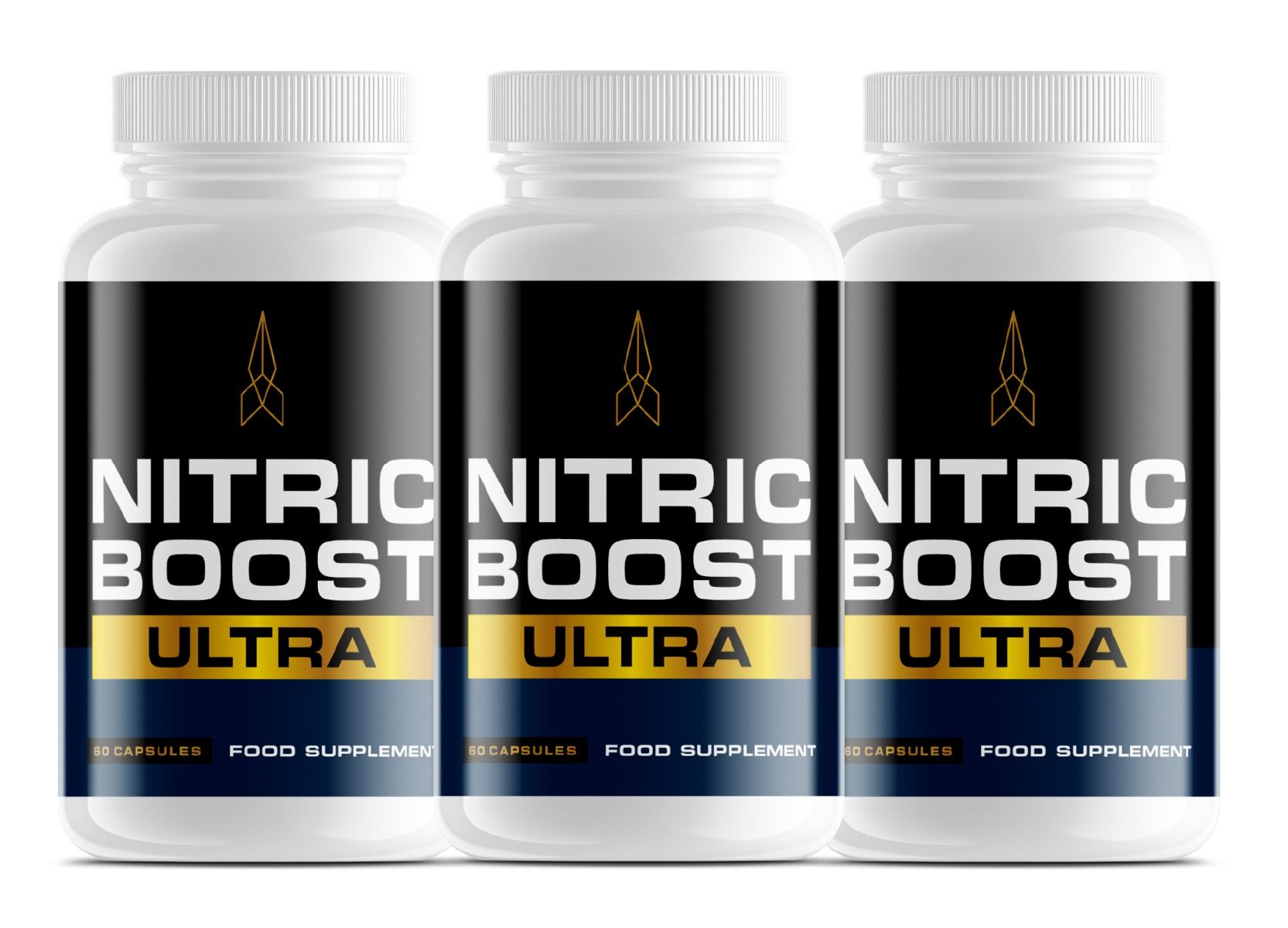 Drei weiße Flaschen mit schwarzen Etiketten. Aufschrift: Nitric Boost Ultra. 60 Kapseln. Nahrungsergänzungsmittel.