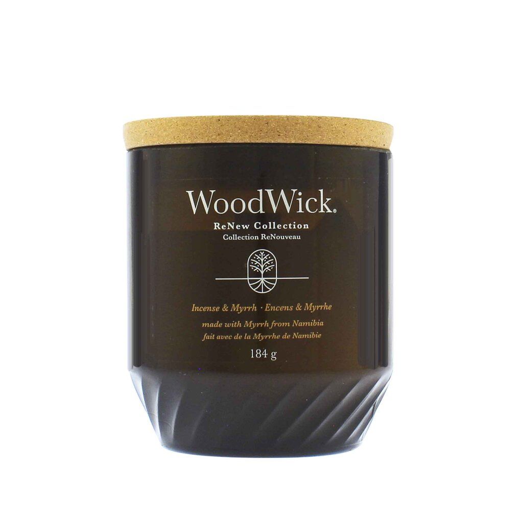Dunkle Kerze mit Holzdeckel. Aufschrift: WoodWick, ReNew Collection, Incense & Myrrh, 184 g.