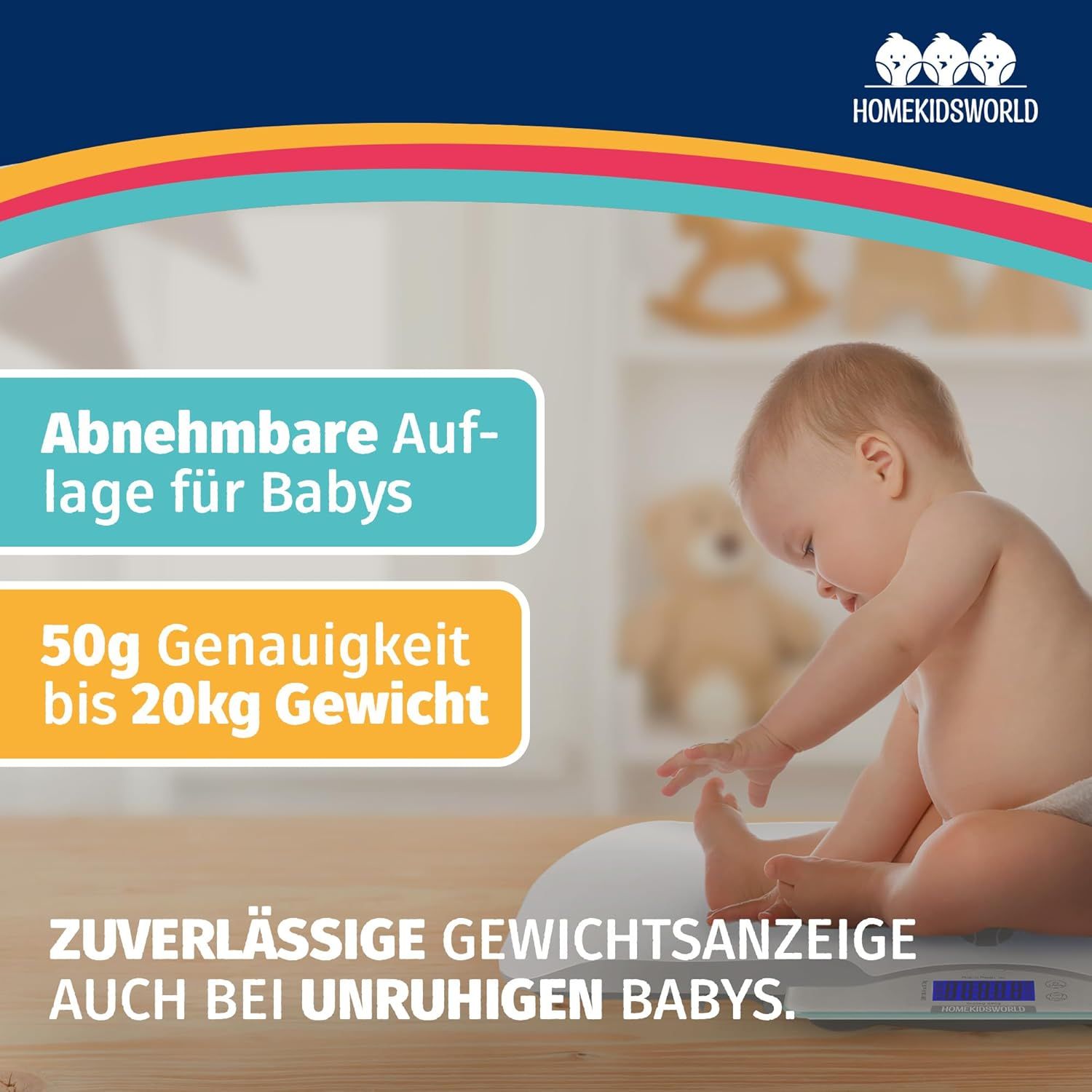 Baby liegt auf Waage. Abnehmbare Auflage für Babys. 50g Genauigkeit bis 20kg Gewicht. Digitales Display.