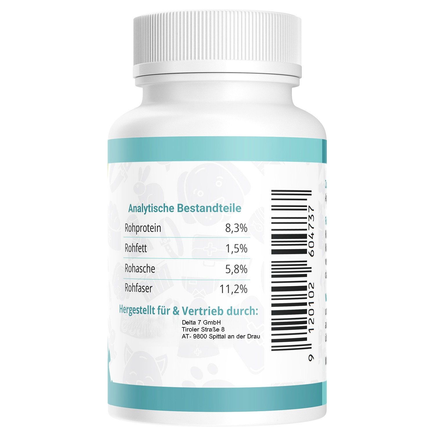 Rückseite der Flasche Animal Pro, Dental Presslinge. Text: Analytische Bestandteile, hergestellt & vertrieben durch: Delta 7 GmbH.