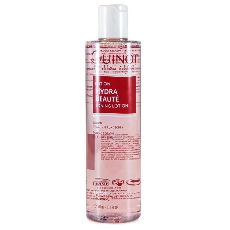 Transparente Flasche mit weißem Deckel. Roter Aufkleber mit Text: Hydra Beauté Toning Lotion. Marke: Guinot.