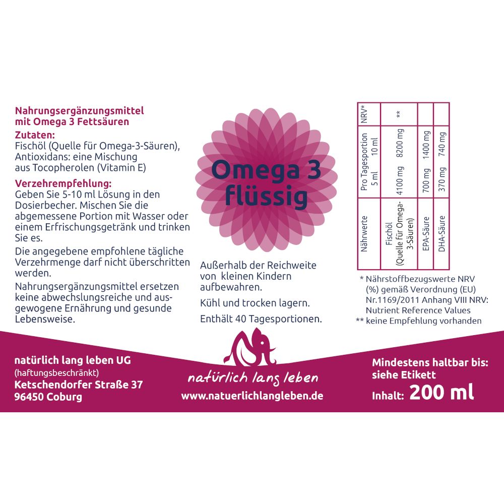 Etikett mit Text und Nährwertangaben. Aufschrift: Omega 3 flüssig. Enthält 40 Tagesportionen. Inhalt: 200 ml.
