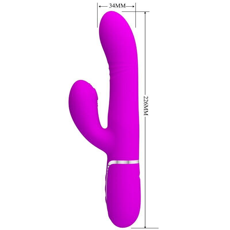Lila Vibrator mit zwei Enden. Maße: 226 mm lang, 34 mm breit. Silberfarbene Akzente am unteren Ende.