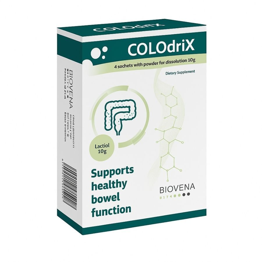 Verpackung von COLOdriX. Enthält 4 Sachets mit Pulver zur Auflösung. Unterstützt die gesunde Darmfunktion.