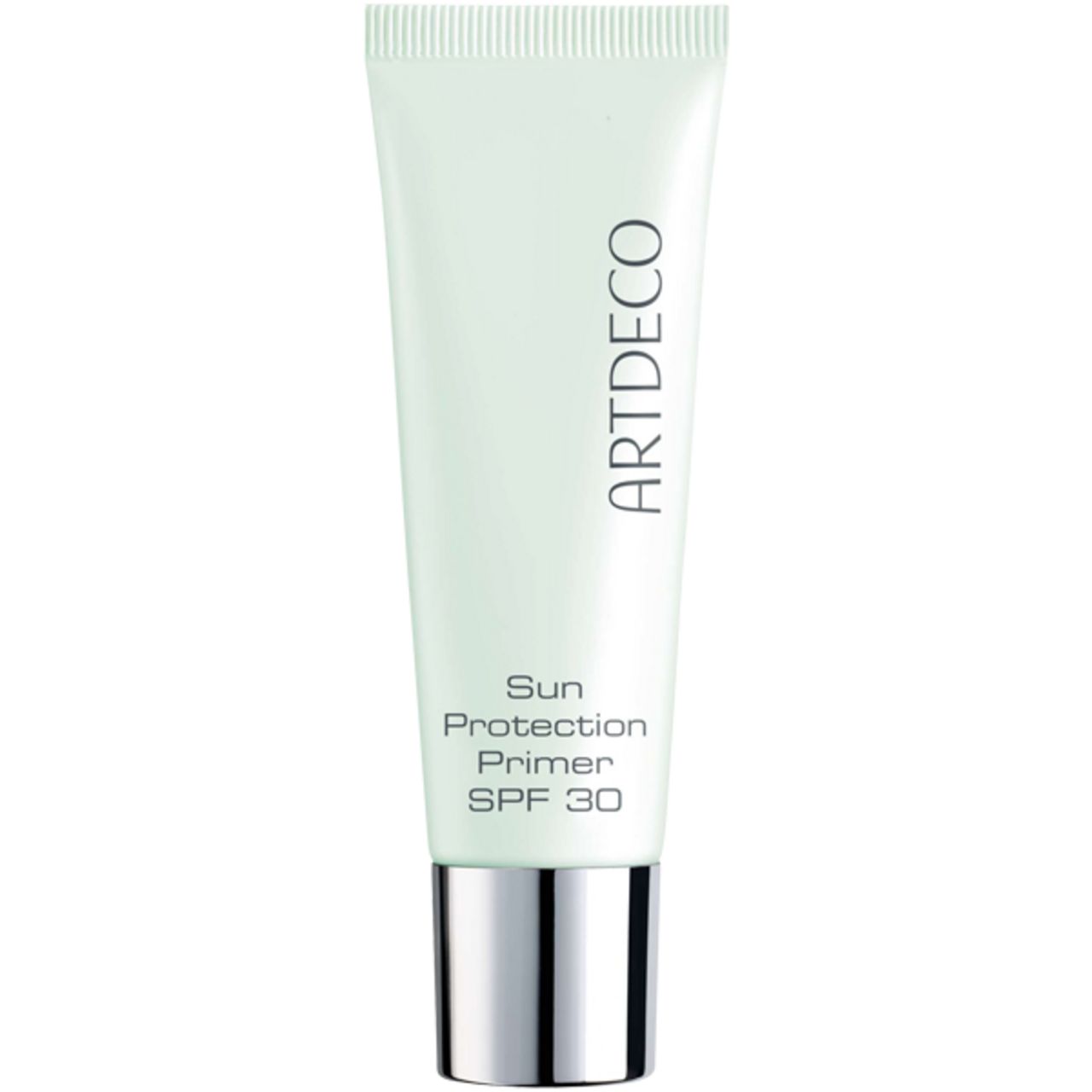 Tube mit Produktaufschrift ARTDECO, Sun Protection Primer SPF 30. Hellgrüne Tube mit silberfarbenem Deckel. Text in Schwarz.