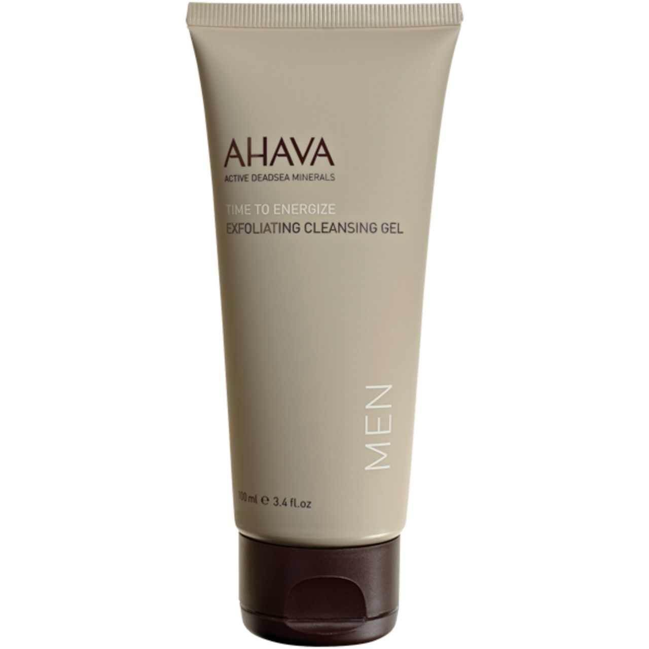 Beigefarbene Tube mit AHAVA-Logo und Schriftzug TIME TO ENERGIZE. Aufschrift MEN. Schwarzer Verschluss.