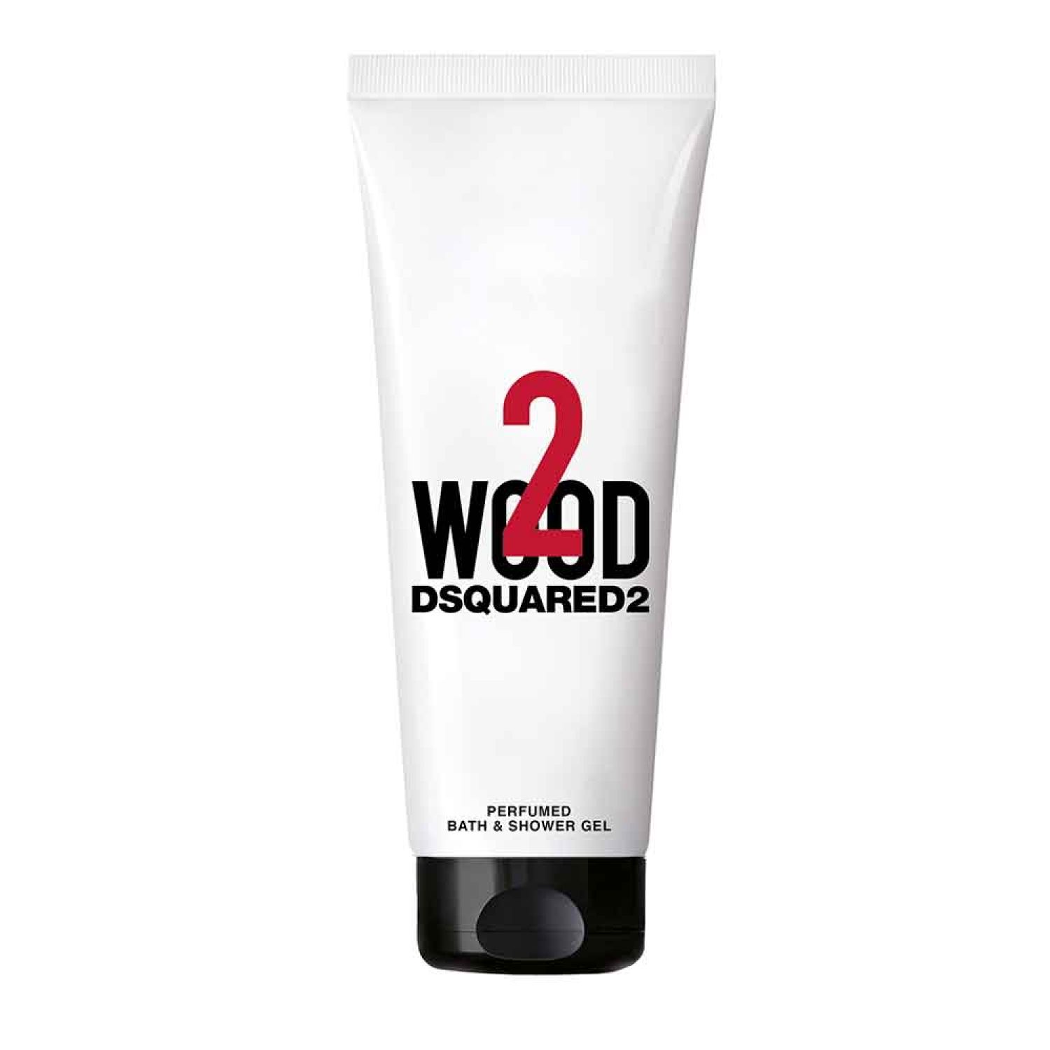 Weiße Tube mit schwarzem Deckel. Roter "2 WOOD" Schriftzug. "DSQUARED2" darunter. "PERFUMED BATH & SHOWER GEL" am unteren Rand.