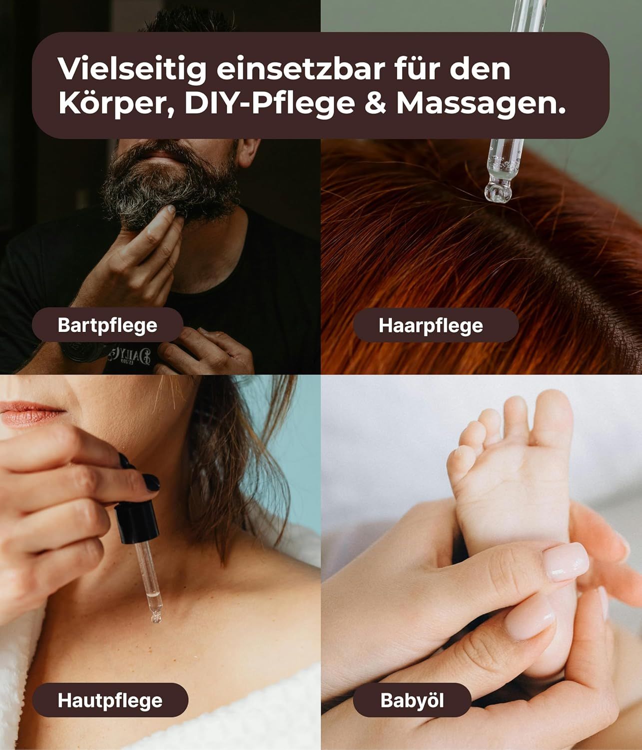 Anwendungen: Bartpflege, Haarpflege, Hautpflege, Babyöl. Mann, Frau und Baby.