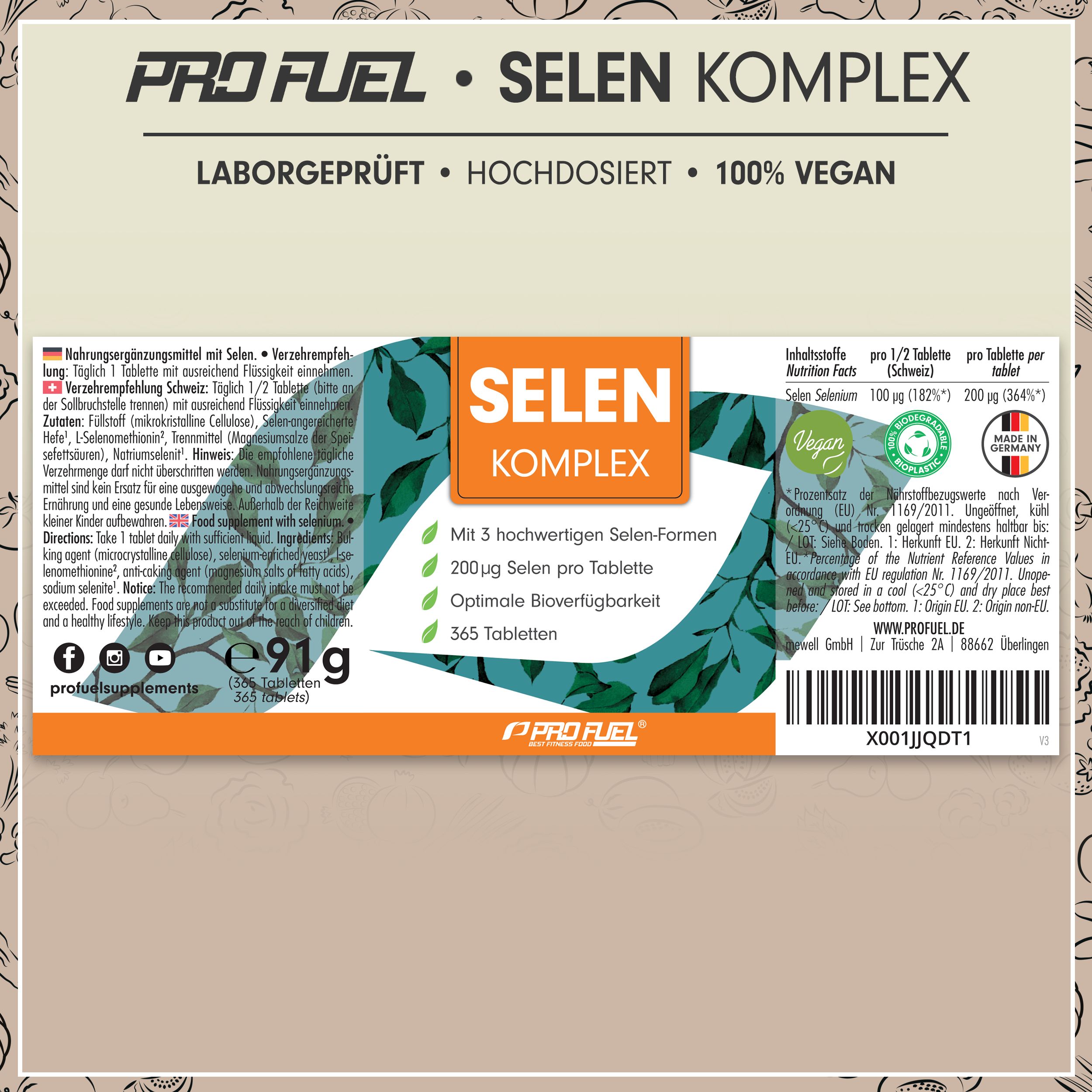 Verpackung von Selen Komplex Tabletten. Enthält Informationen zu Inhaltsstoffen, Dosierung und Hersteller. Vegan-Siegel.