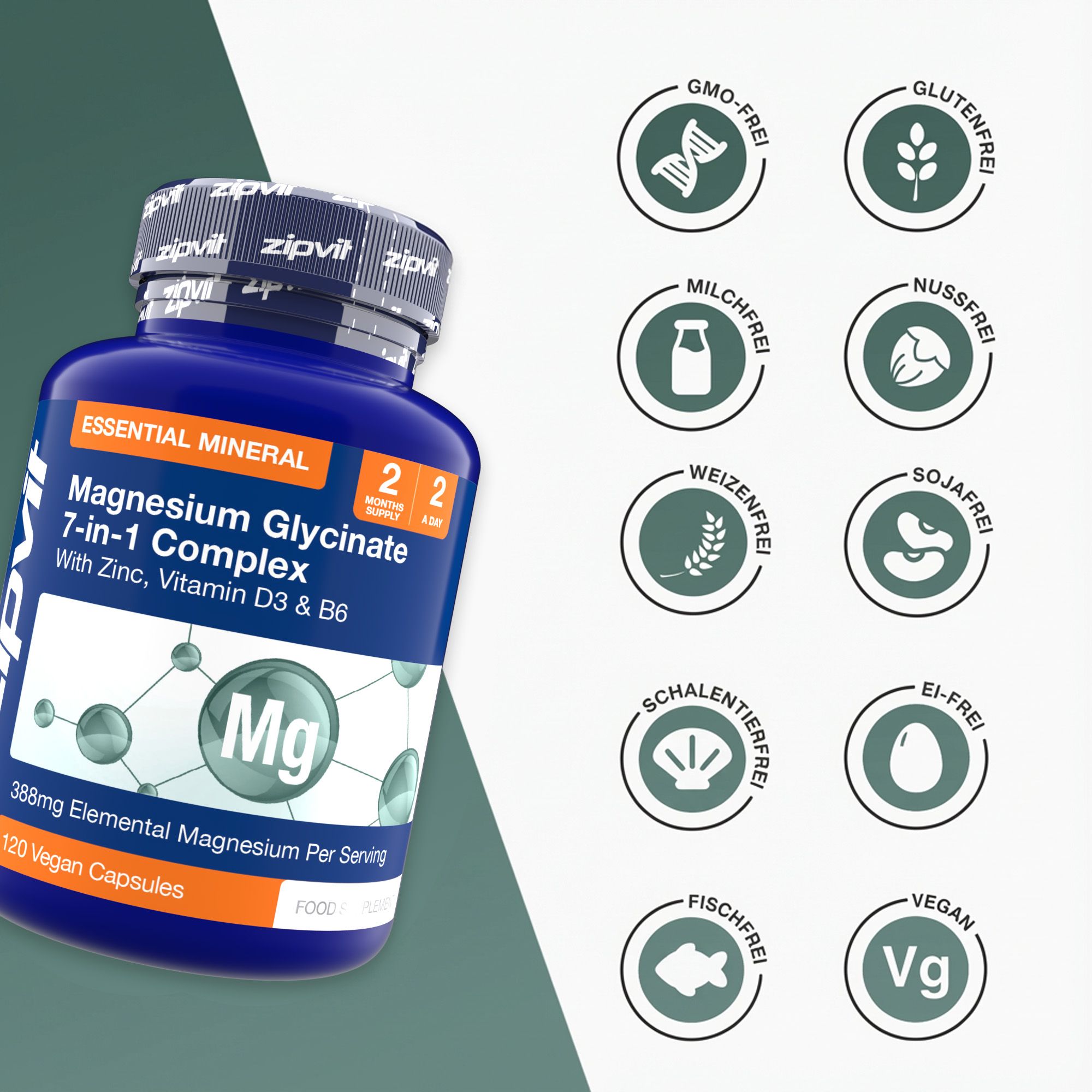Blaue Flasche mit Magnesium Glycinat. Runde Symbole: GMO-frei, glutenfrei, milchfrei, nussfrei, weizenfrei, sojafrei, schalenfruchfrei, eifrei, fischfrei, vegan.