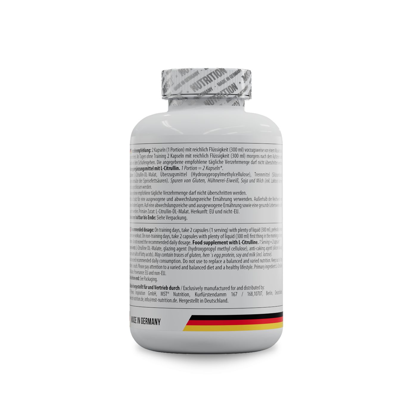 Weiße Flasche mit Etikett. Rückseite mit Text, Barcode und deutschem Flaggen-Design. Enthält Informationen zur Dosierung.