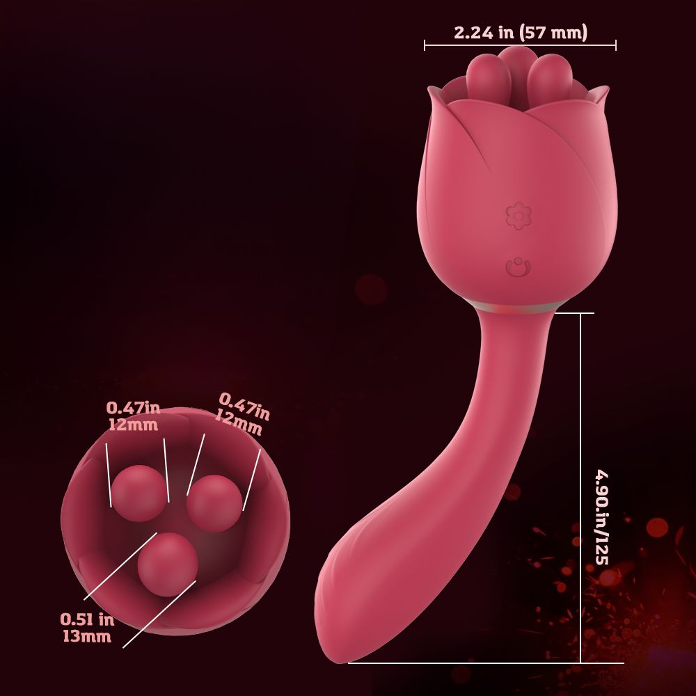 Rosa Vibrator in Rosenform mit drei Kugeln. Abmessungen: 2.24in (57mm), 4.90in/125mm, 0.47in/12mm, 0.51in/13mm.