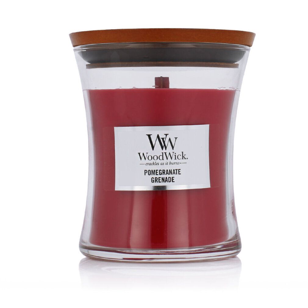 Rote Kerze in Sanduhrform mit Holzdeckel. Etikett mit "WoodWick" und "Pomegranate Grenade".