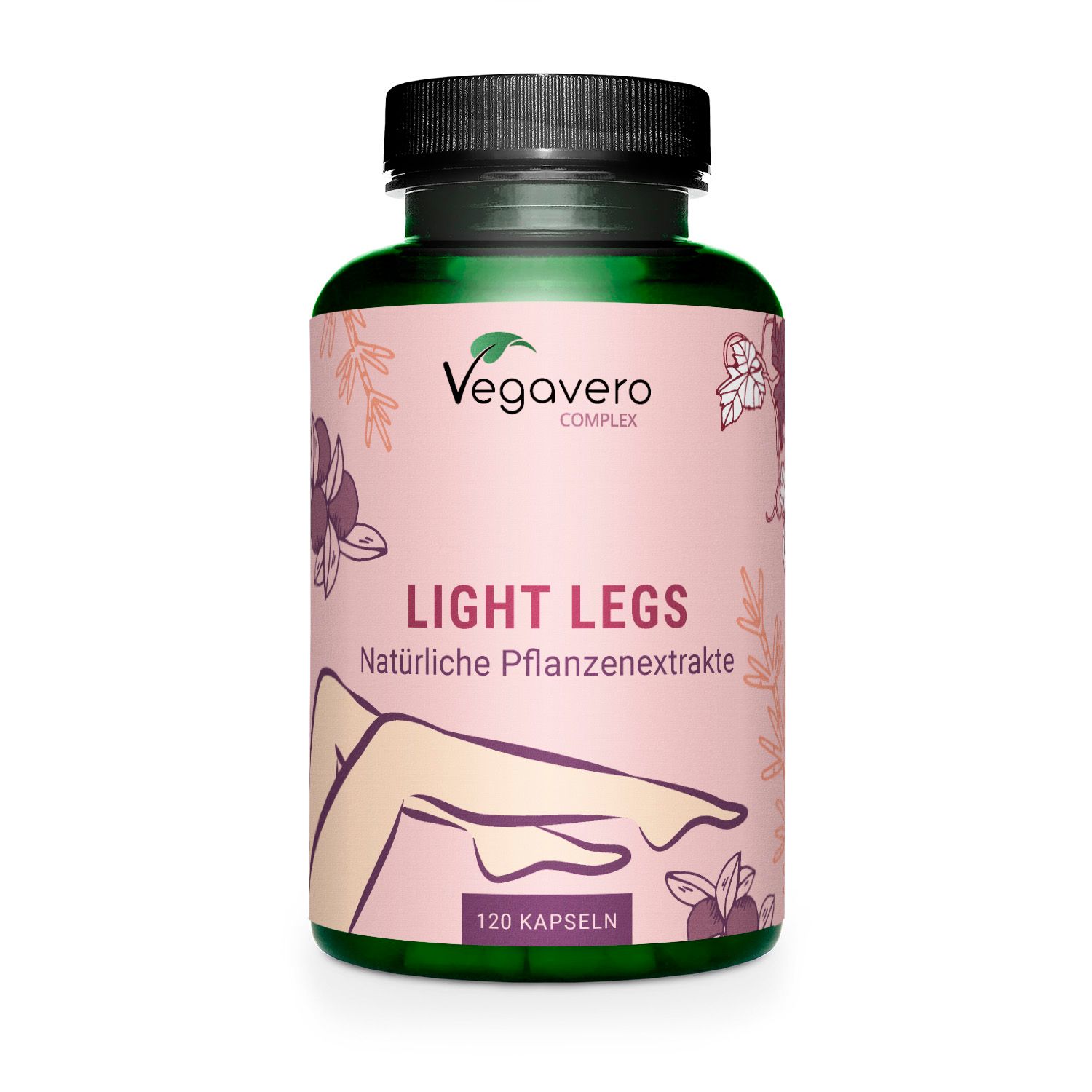 Braune Flasche mit Kapseln. Aufschrift: LIGHT LEGS, 120 Kapseln. Marke: Vegavaro.