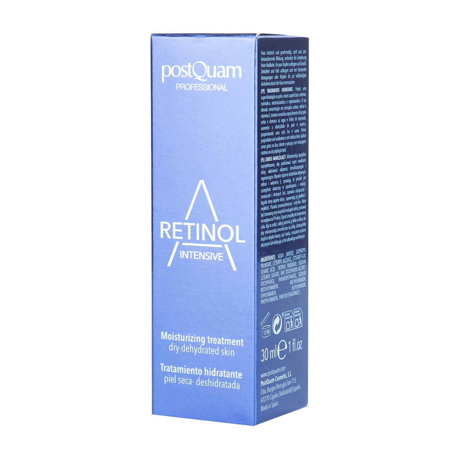 Blaue Schachtel. Aufschrift: Retinol Intensive, Postquam Professional. 30ml. Feuchtigkeitspflege für trockene Haut.