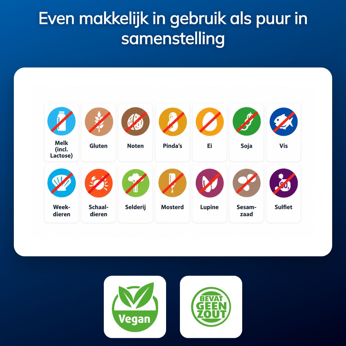 Symbole für Milch, Gluten, Nüsse, Erdnüsse, Eier, Soja, Fisch, Schalentiere, Krustentiere, Sellerie, Senf, Lupinen, Sesamsamen und Sulfite mit durchgestrichenen Symbolen. Vegan- und salzfrei-Siegel.