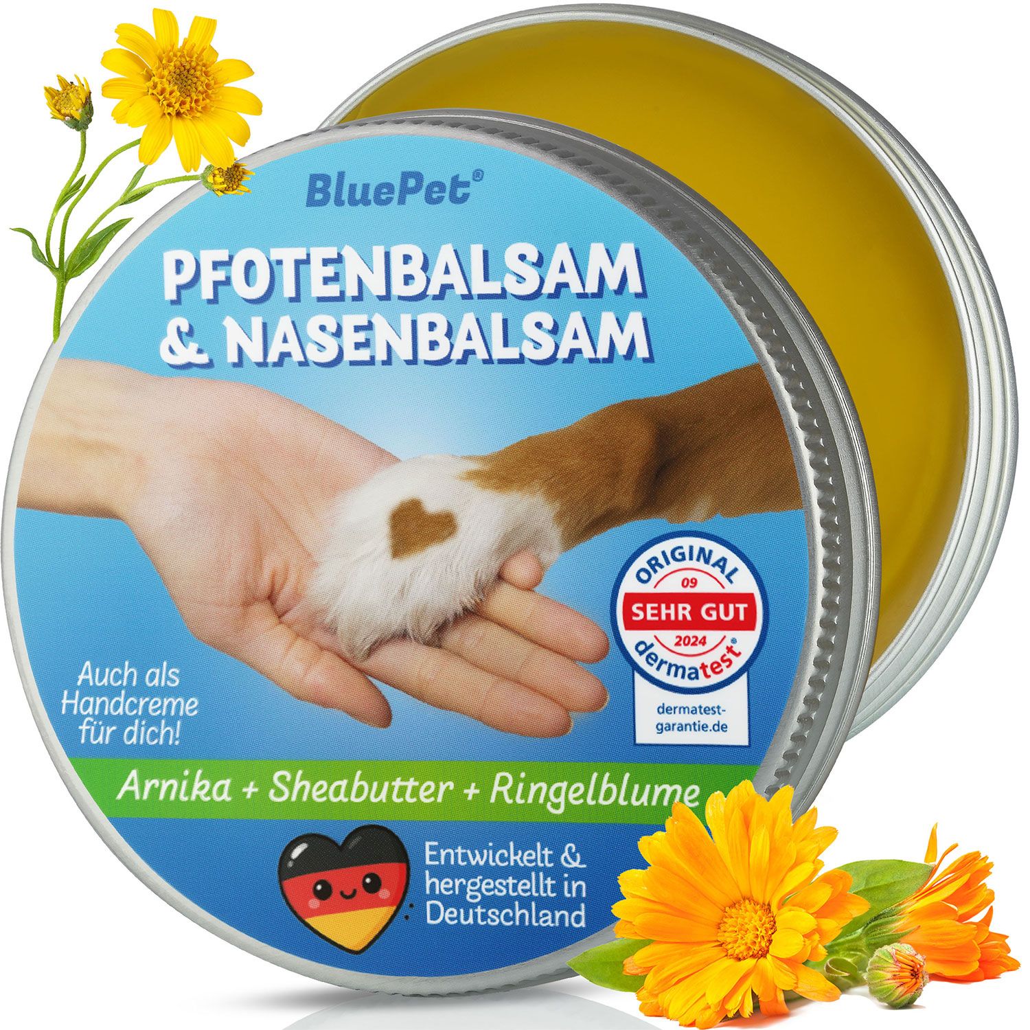 Dose mit gelbem Balsam. Text: Pfotenbalsam & Nasenbalsam, Handcreme, Arnikablüten, Sheabutter, Ringelblume, Dermatest Siegel.