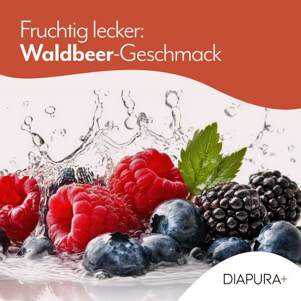 Text: Fruchtig lecker: Waldbeer-Geschmack. Früchte im Wasser: Himbeeren, Brombeeren, Blaubeeren.