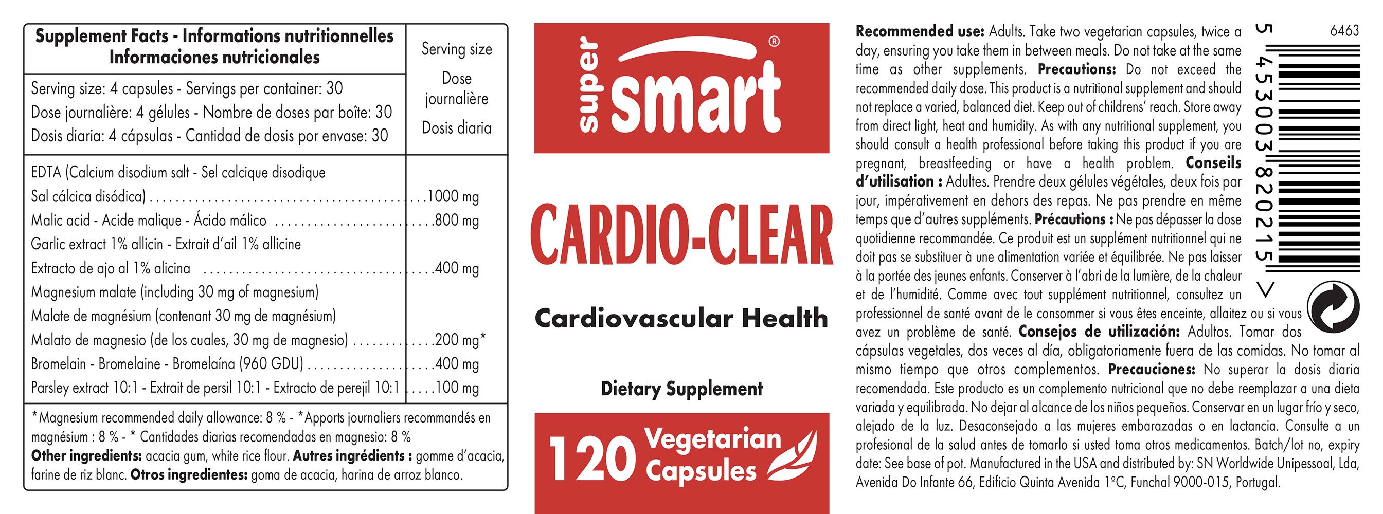 Cardio-Clear-Etikett mit Nährwertangaben und Inhaltsstoffen. 120 vegetarische Kapseln. SuperSmart-Logo.