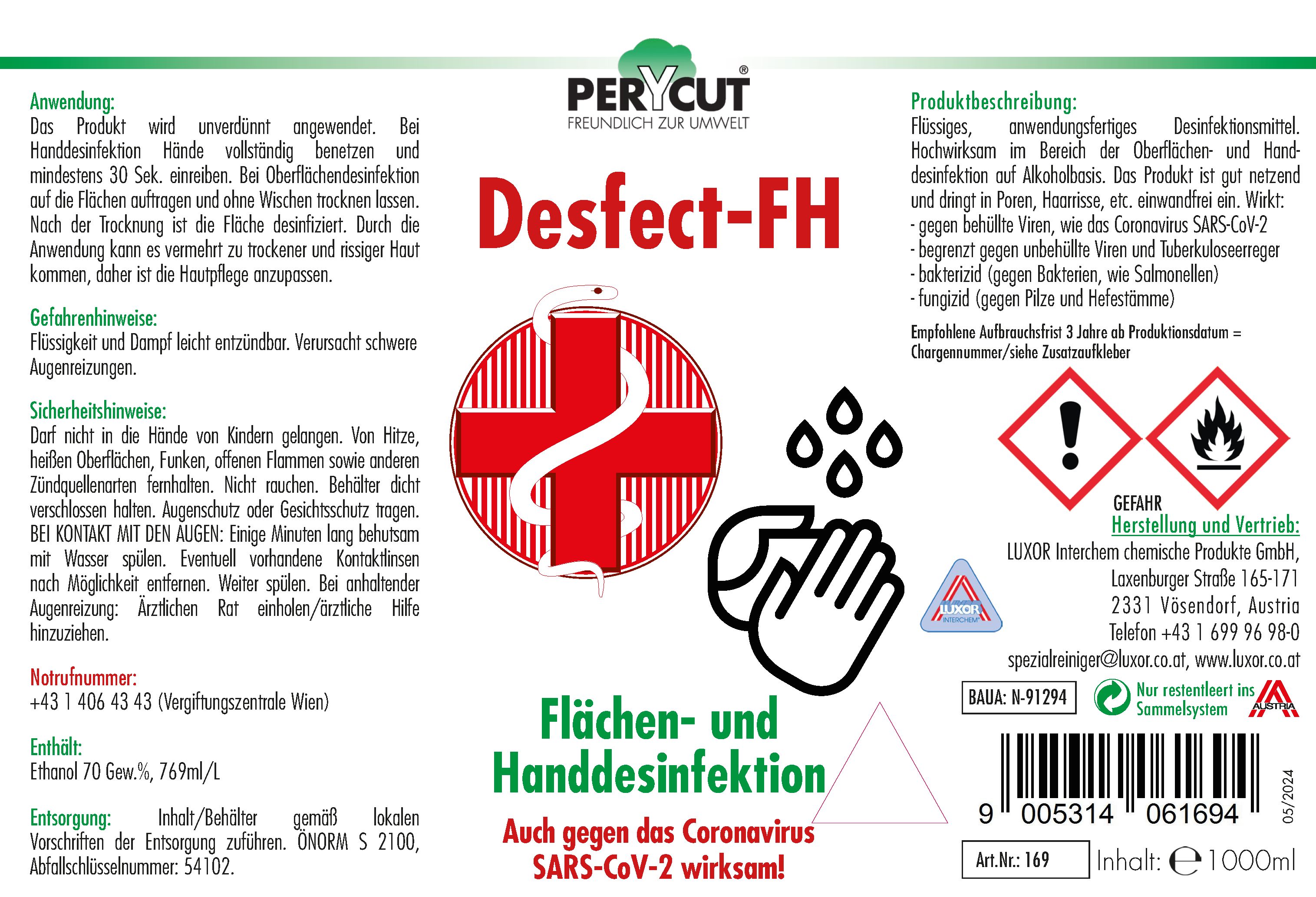 Etikett Luxor Desfect-FH: Flächen- und Handdesinfektion, mit Anwendungshinweisen und Gefahrensymbolen.