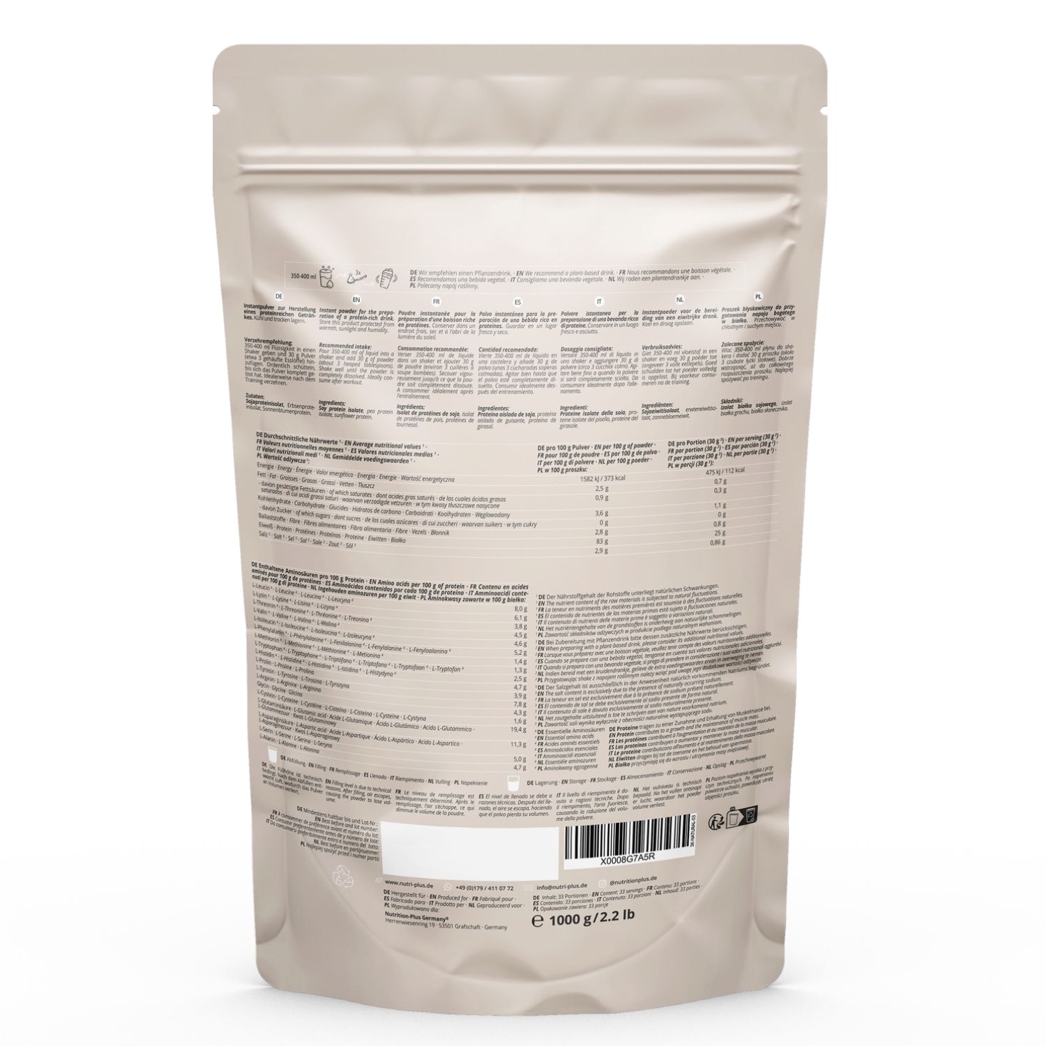 Rückseite eines beigen Beutels nutri+ Veganes Proteinpulver 3k. Text: Nährwertangaben, 1000 g/2.2 lb.