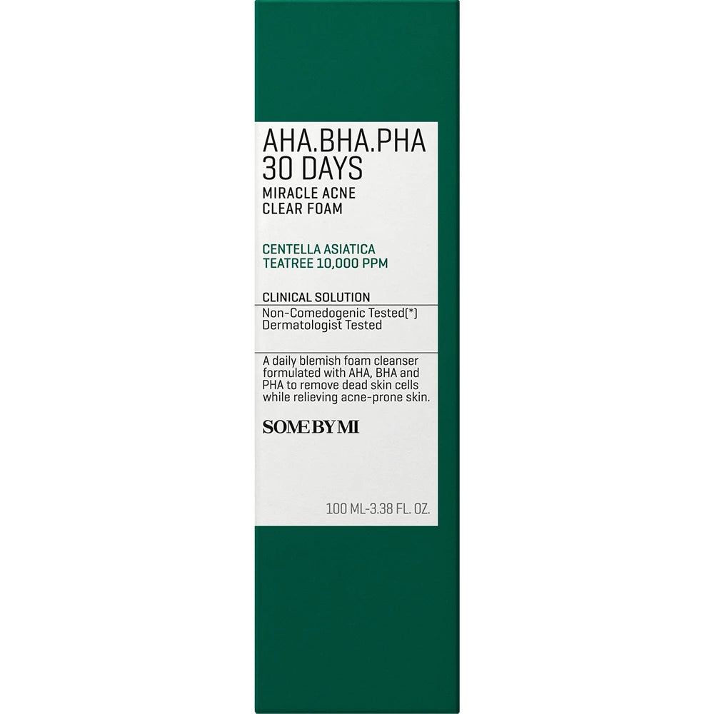 Verpackung mit Text. AHA.BHA.PHA 30 DAYS MIRACLE ACNE CLEAR FOAM. Klinische Lösung.