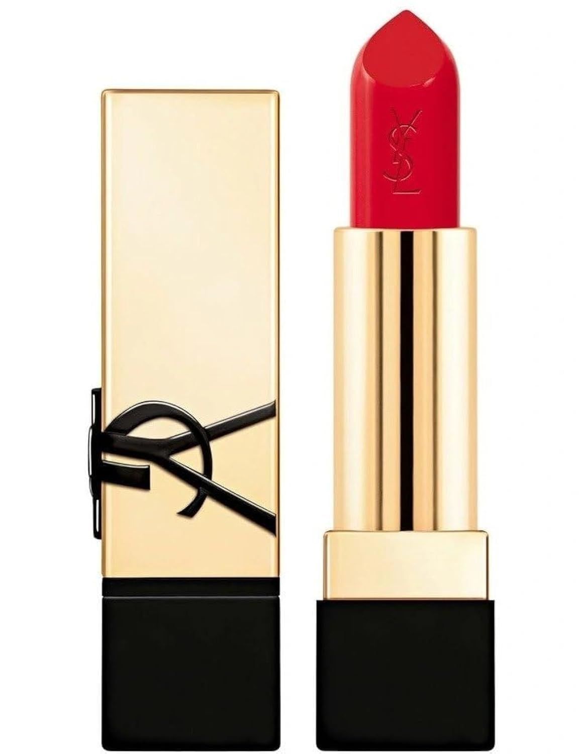 Roter Lippenstift in goldener Hülse mit schwarzer Basis. YSL-Logo auf Hülse. Lippenstift mit roter Mine.