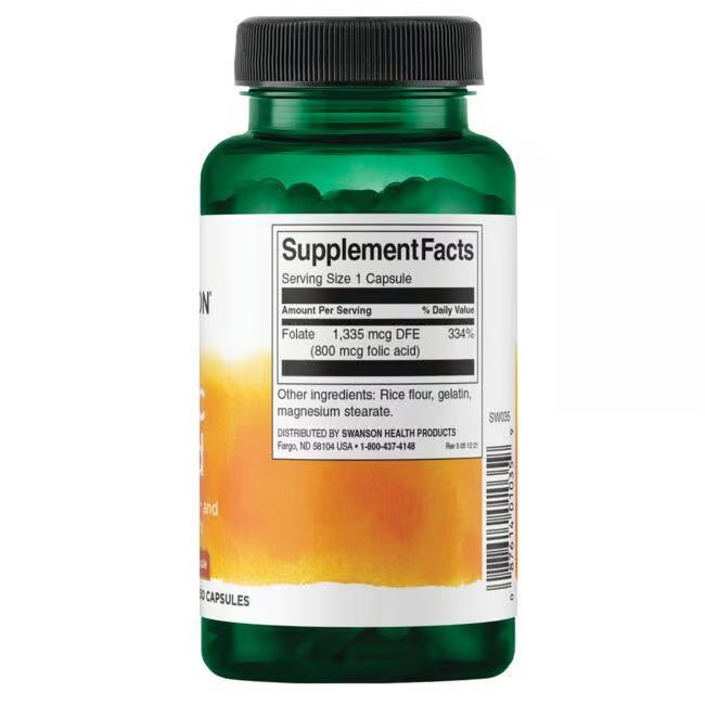 Rückseite der grünen Flasche. Etikett mit Nährwertangaben: Folsäure 1.335 mcg DFE (800 mcg Folsäure).