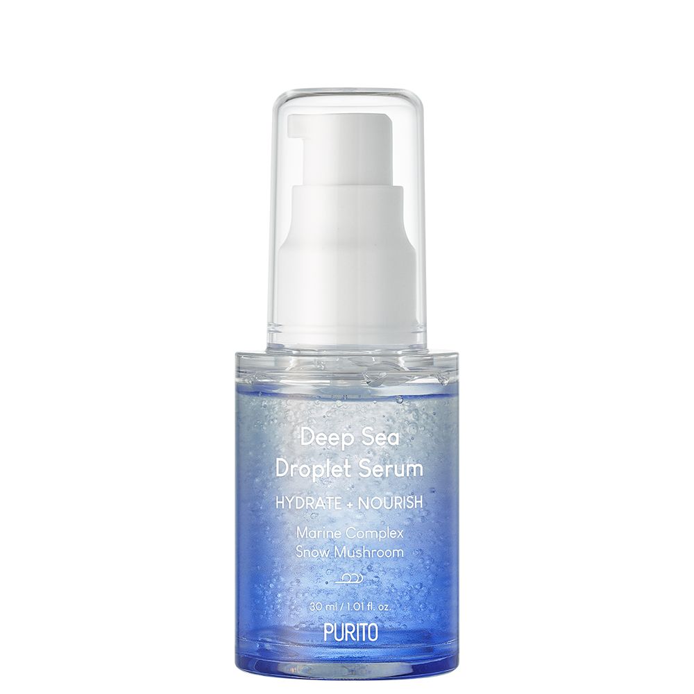 PURITO Deep Sea Droplet Serum in einem Pumpflakon mit blauem und klarem Design.