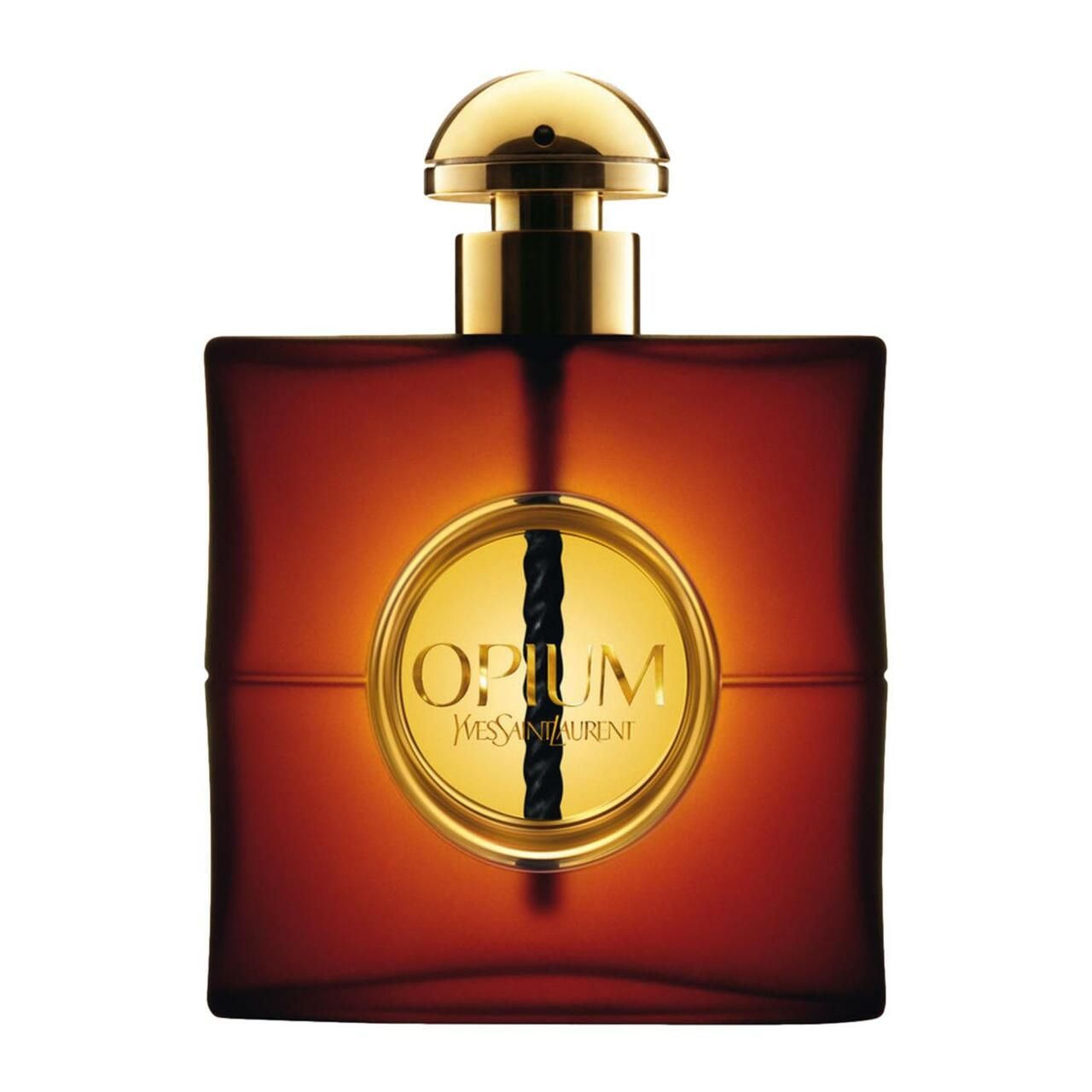 Dunkelroter Flakon mit goldenem Verschluss. Aufkleber mit "Opium" und "Yves Saint Laurent". Schwarze Kordel.