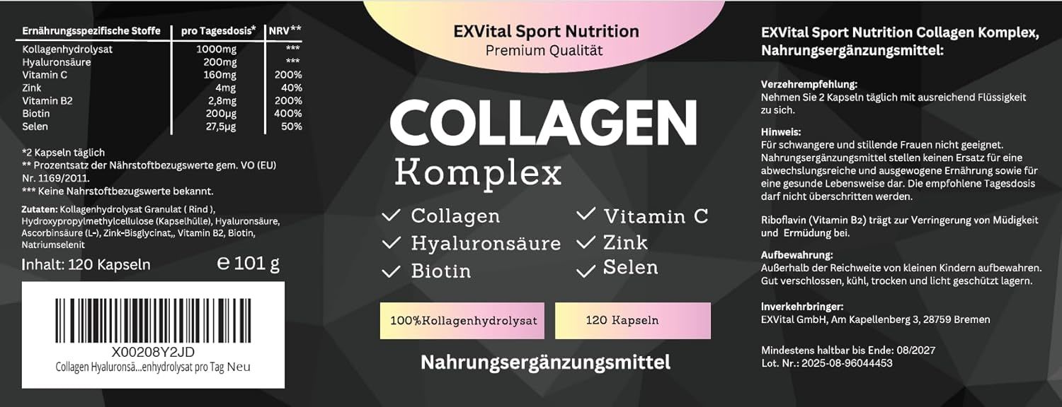 Etikett EXVital Collagen Komplex Kapseln. Enthält Collagen, Hyaluronsäure, Biotin, Vitamin C, Zink und Selen. 120 Kapseln. Nährwertangaben.