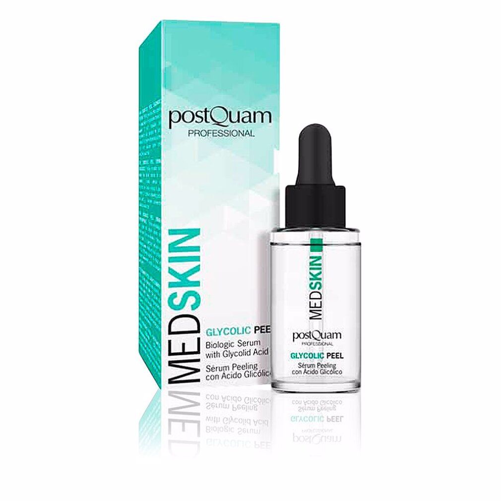 Serumflasche mit Pipette und Verpackung. Aufschrift: GLYCOLIC PEEL, MEDSKIN, postQuam PROFESSIONAL. Produktname und Inhaltsstoffe.