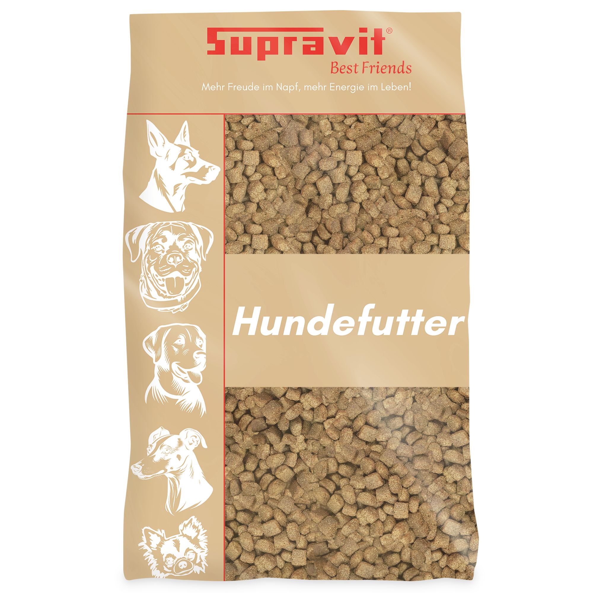 Beutel mit Trockenfutter. Text: Hundefutter. Logo: Supravit, Best Friends.