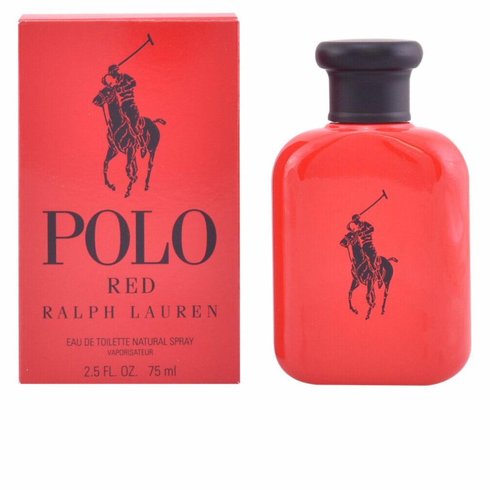 Roter Flakon mit schwarzem Verschluss und Logo. Daneben eine rote Schachtel mit Logo und Schriftzug Polo Red.