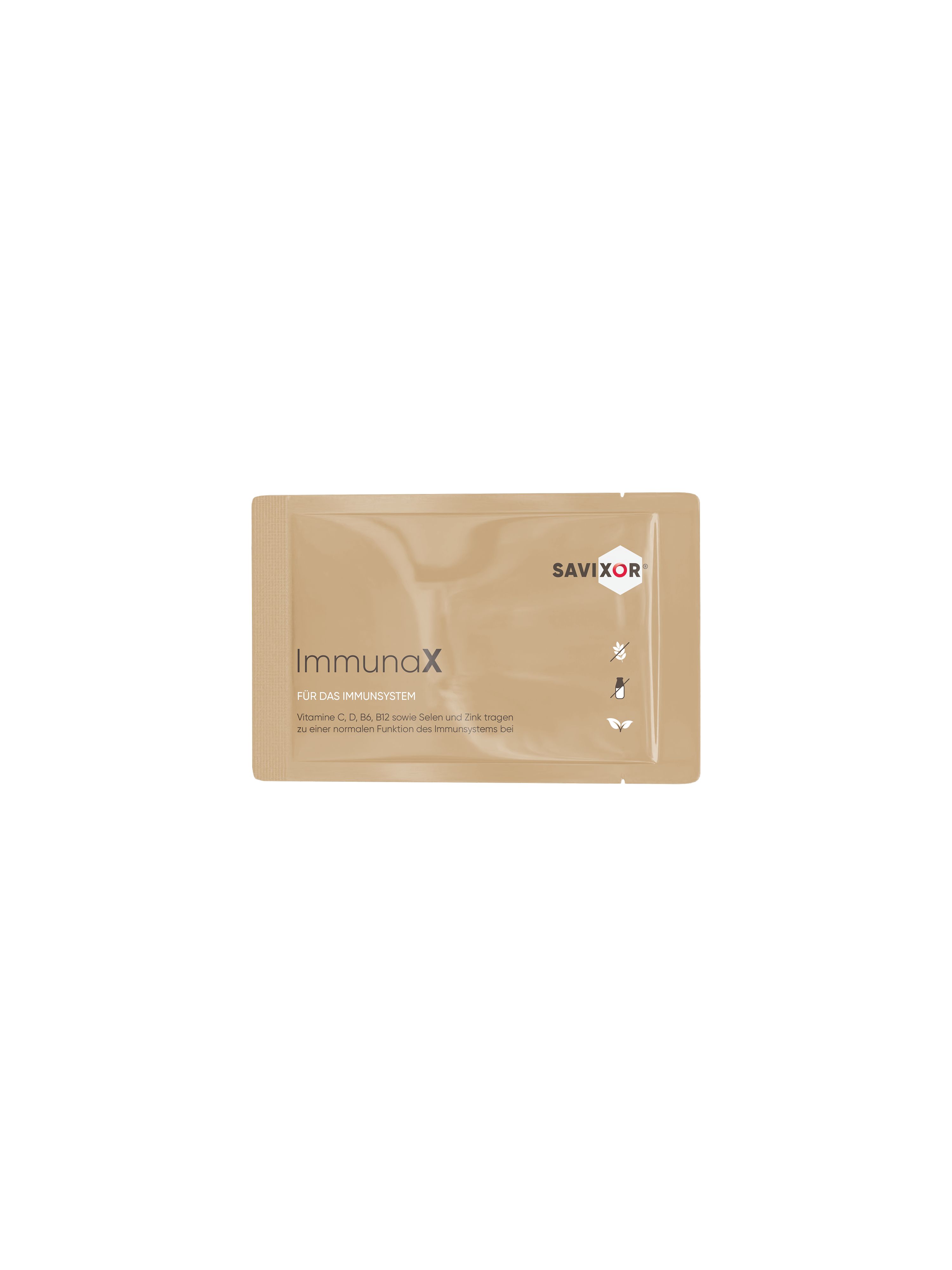 Savixor ImmunaX, Sachet. Braune Verpackung mit Produktnamen und Logo. Für das Immunsystem. Einzelpackung.