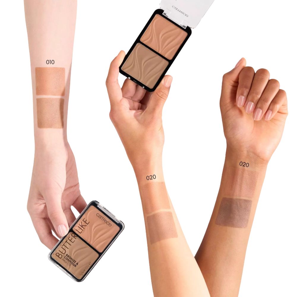 Hände zeigen Swatches der Catrice Butter Like Bronze & Contour Palette. Farbnummern 010 und 020. Produktverpackung sichtbar.