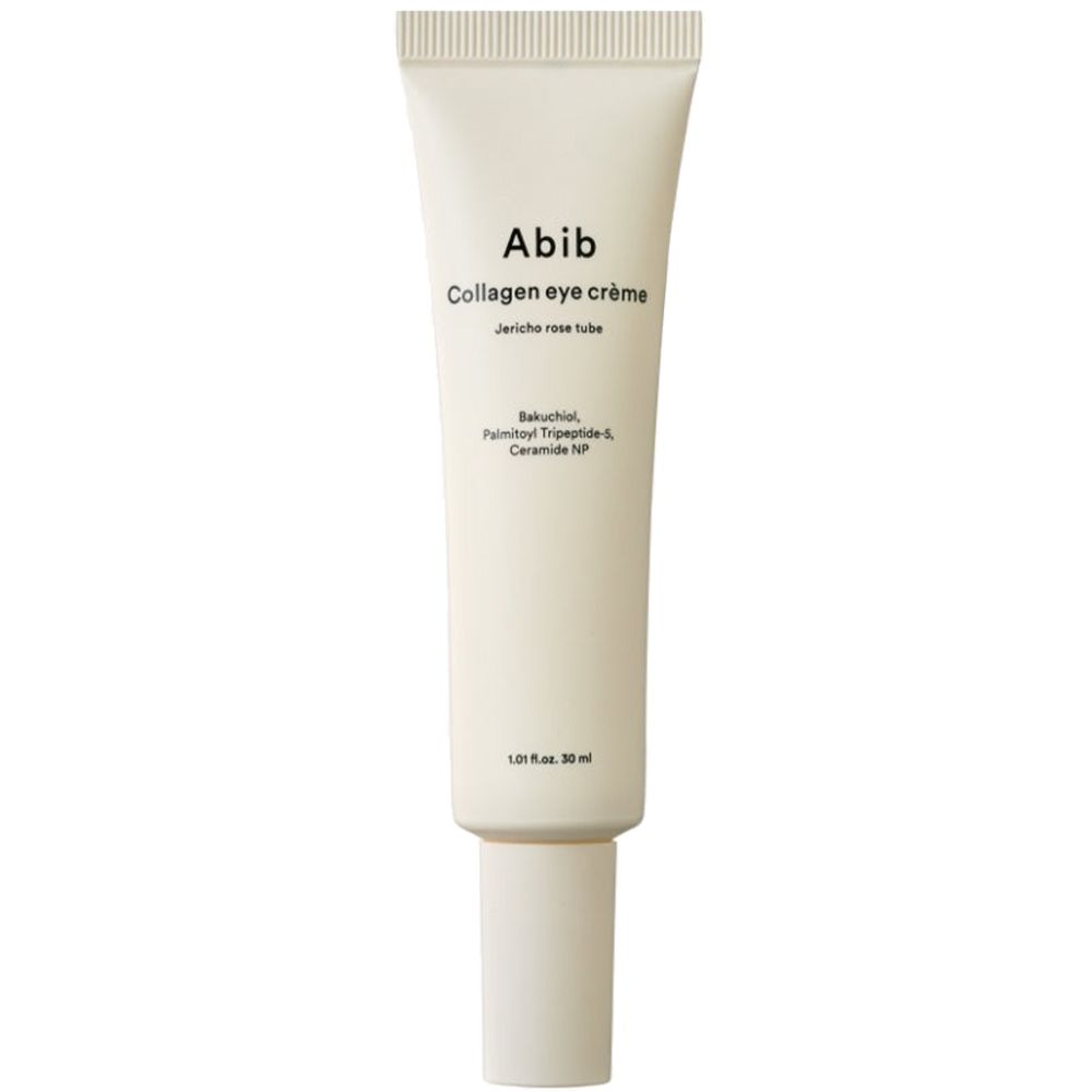 Tube "Abib Collagen eye crème". Beige Tube mit weißer Schrift. Inhaltsstoffe sind ebenfalls angegeben.