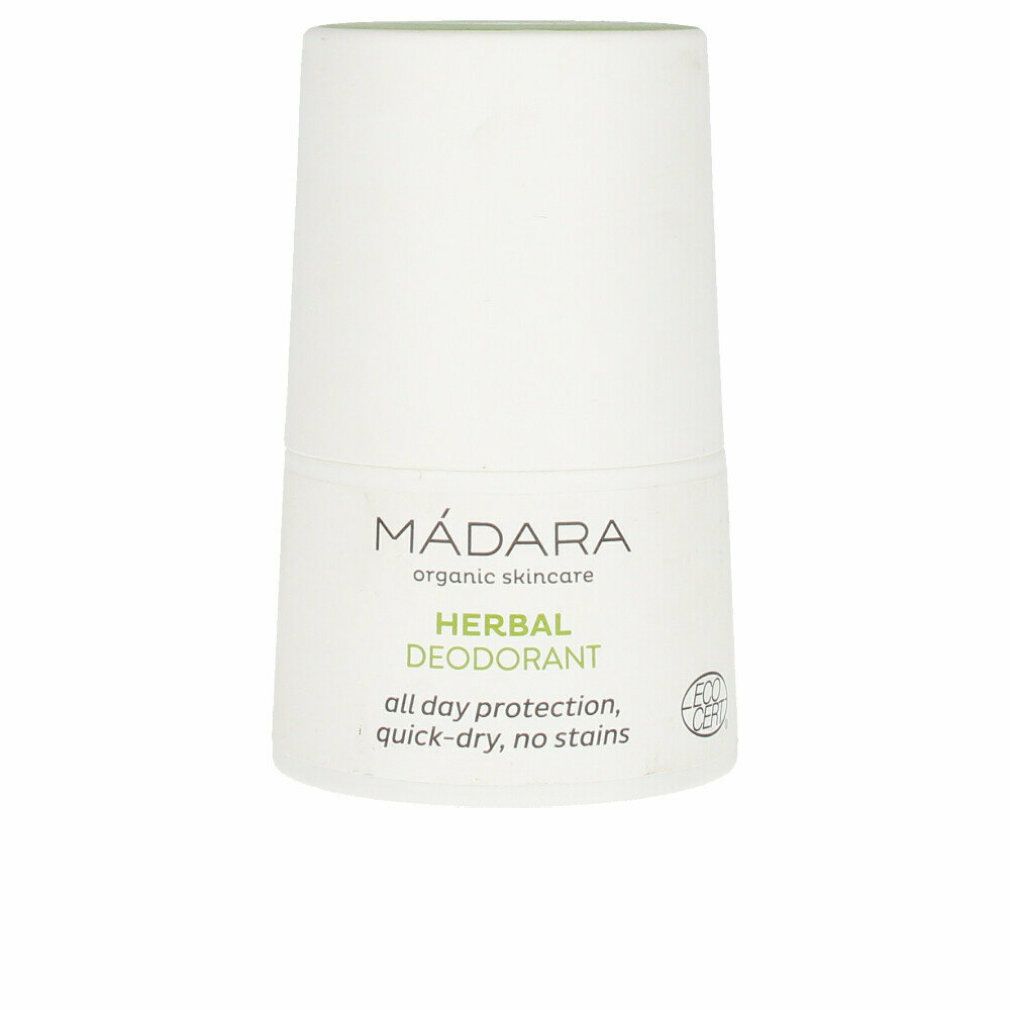 Weißer Roll-on-Deo mit grünem Deckel. Aufschrift: MÁDARA, Herbal Deodorant, all day protection, quick-dry, no stains. Bio-Siegel.