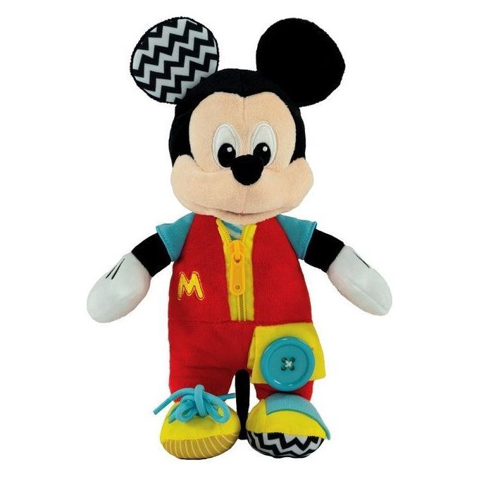 Stofftier Mickey Mouse mit Kleidung zum Anziehen. Roter Overall mit Reißverschluss, Knopf und Schnürsenkeln. Schwarze Ohren mit Zickzackmuster.