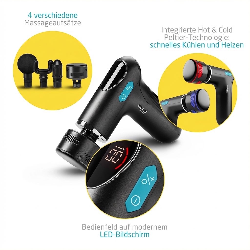 Schwarze Massagepistole mit vier Aufsätzen, LED-Display und Hot & Cold Technologie.