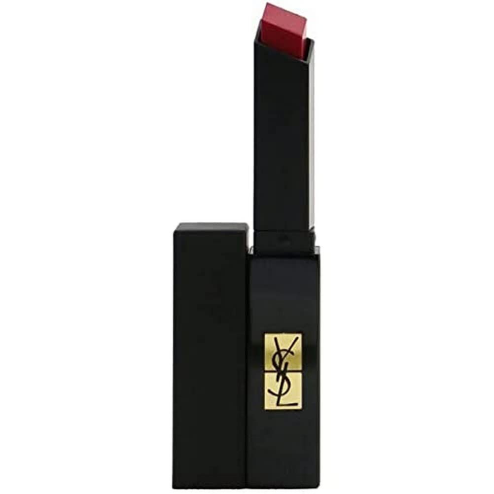 Yves Saint Laurent Lippenstift. Schwarze Hülle, goldfarbenes Logo. Roter Lippenstift. Geöffnet, zeigt die Spitze.