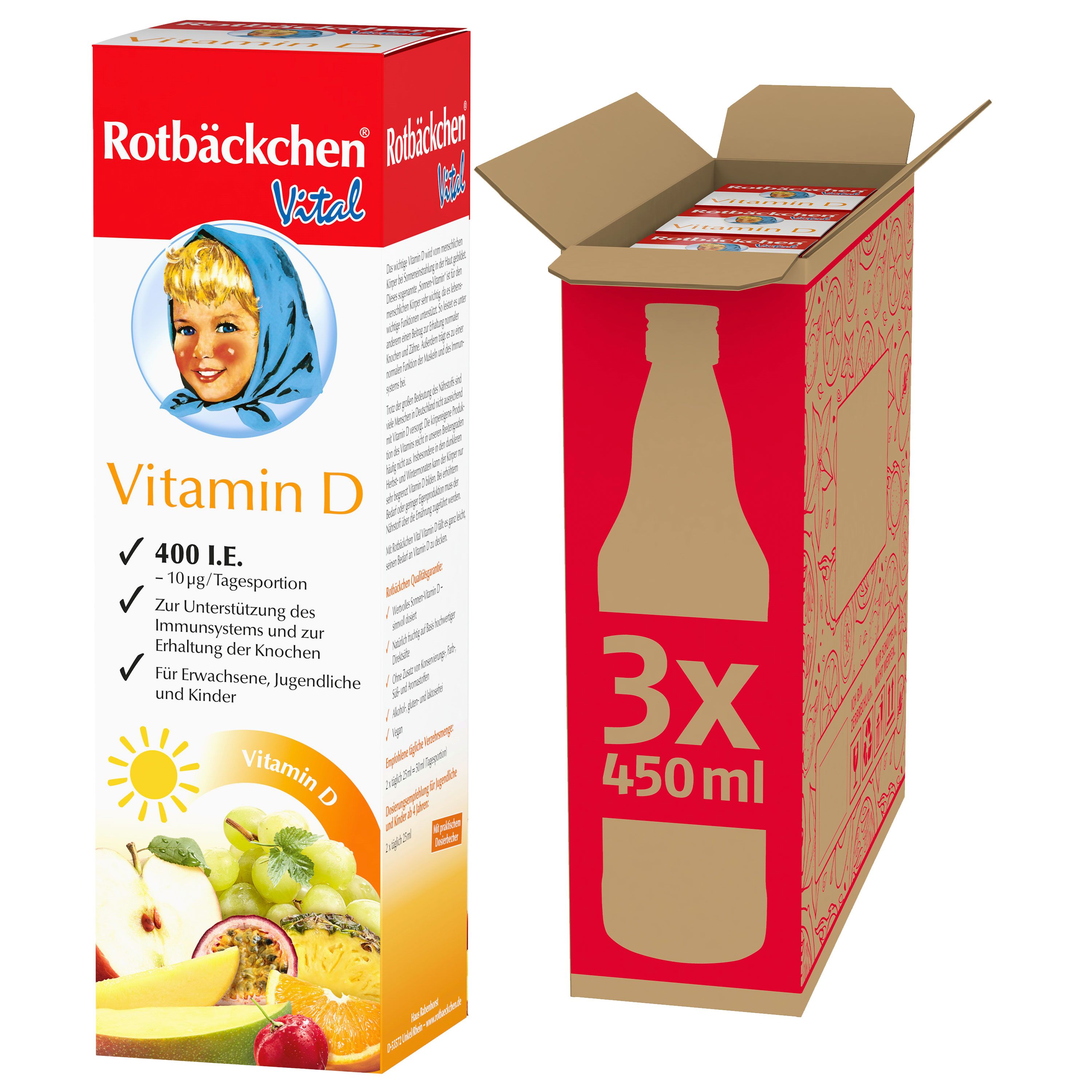 Rotbäckchen Vital Vitamin D. Rote Verpackung mit Flaschenabbildung. 3 Flaschen à 450ml. Aufdruck: Vitamin D, 400 I.E.
