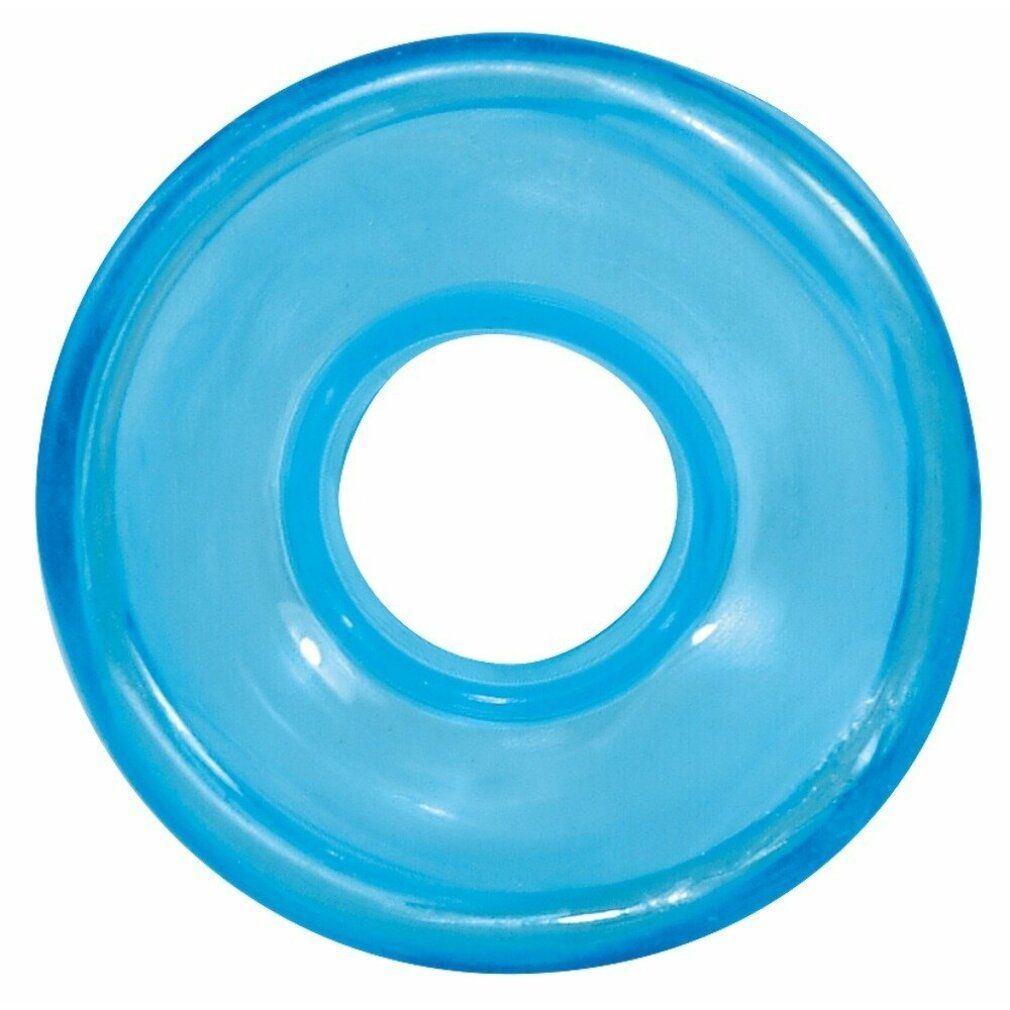 Blauer Sleeve, Draufsicht. Rund mit einem Loch in der Mitte. Transparenter Kunststoff.