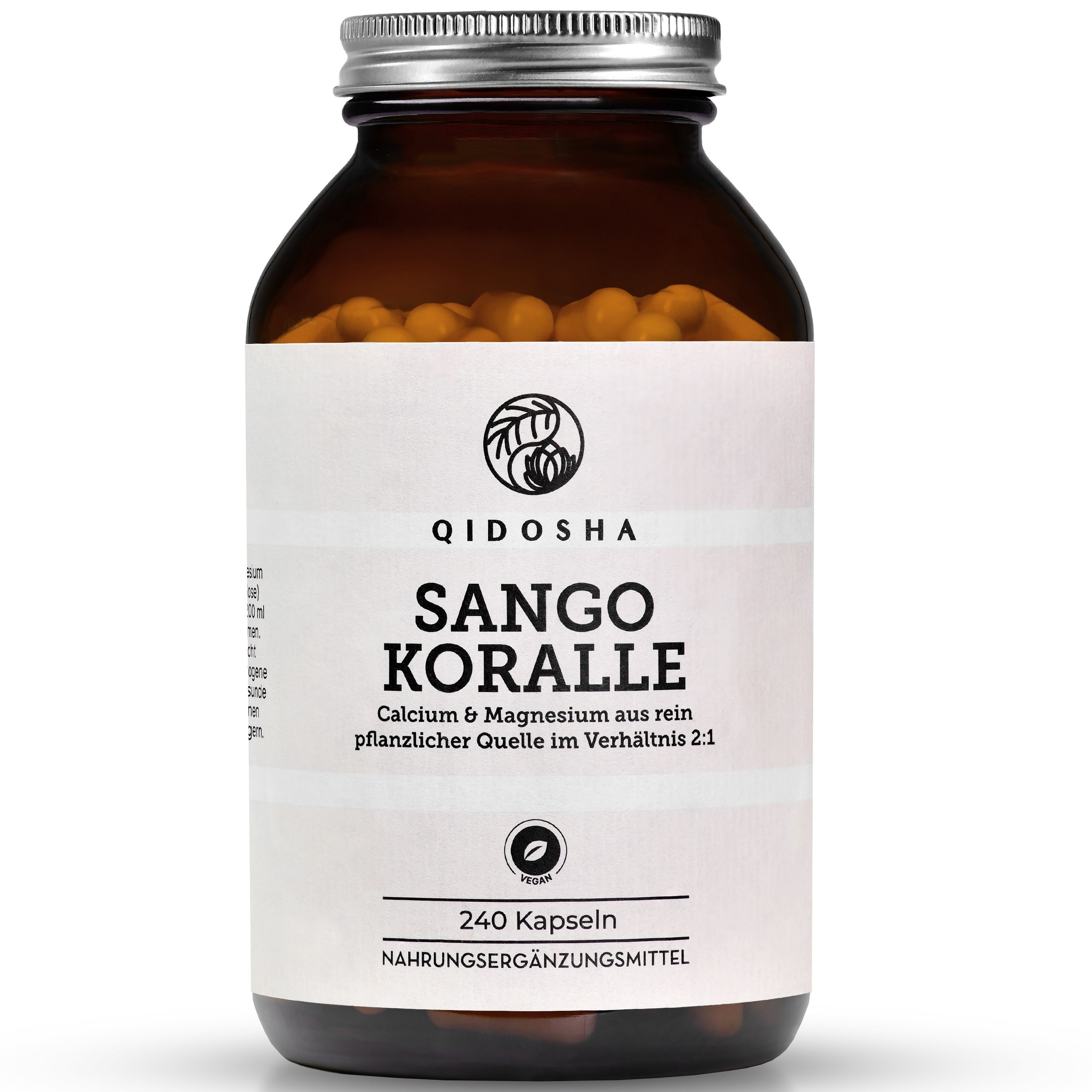 Braune Flasche mit Kapseln. Aufschrift: QIDOSHA Sango Koralle, 240 Kapseln. Text: Calcium & Magnesium aus pflanzlicher Quelle im Verhältnis 2:1.